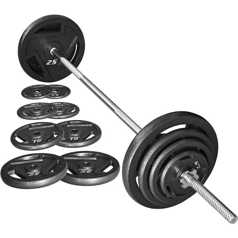 Fitness-Cast-Iron-Standard-Weight-Plates-Including-5FT-Standard-Barbell-with-Star-Locks-95-Pound-Set